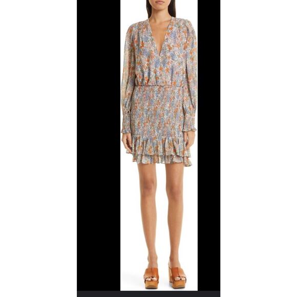Veronica Beard Mini Dress Women Multi Saera Floral Silk Smocked Size 4 NWT $648 - Picture 1 of 12